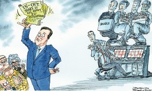 Cartoon by David Simonds. Cameron prepares for an in/out referendum on Europe.